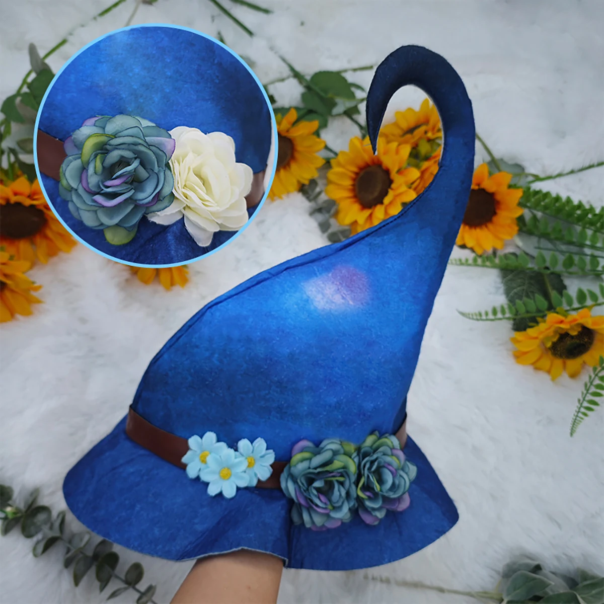 Halloween Witch Hat Cosplay Prop Dress Up Wicked Costume Accessory Soft Rose Flower Blue Flower Decor Halloween Felt Witch Hat