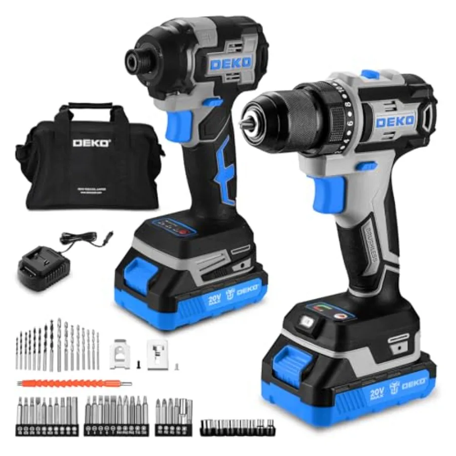 

Cordless Drill Impact Driver Set for DIY and professional use: 20V brushless blue tools with 2x2.0Ah batteries charger bag and