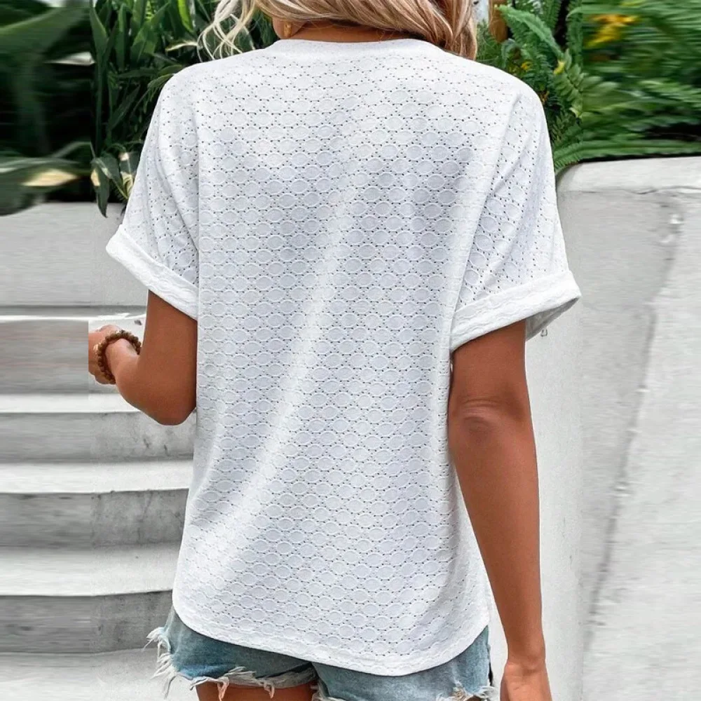 Summer Womens V Neck Short Sleeve T Shirt Casual Loose Button Up Design Solid Color Soft Knit Top Daily Wear Aesthetic