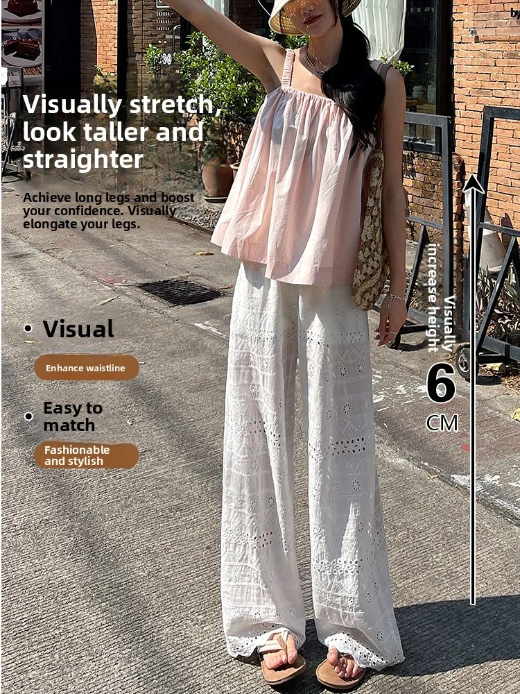 Białe koronkowe ażurowe spodnie z szerokimi nogawkami damskie luźne letnie cienkie spodnie plażowe na wakacje proste spodnie typu tuba casualowe spodnie