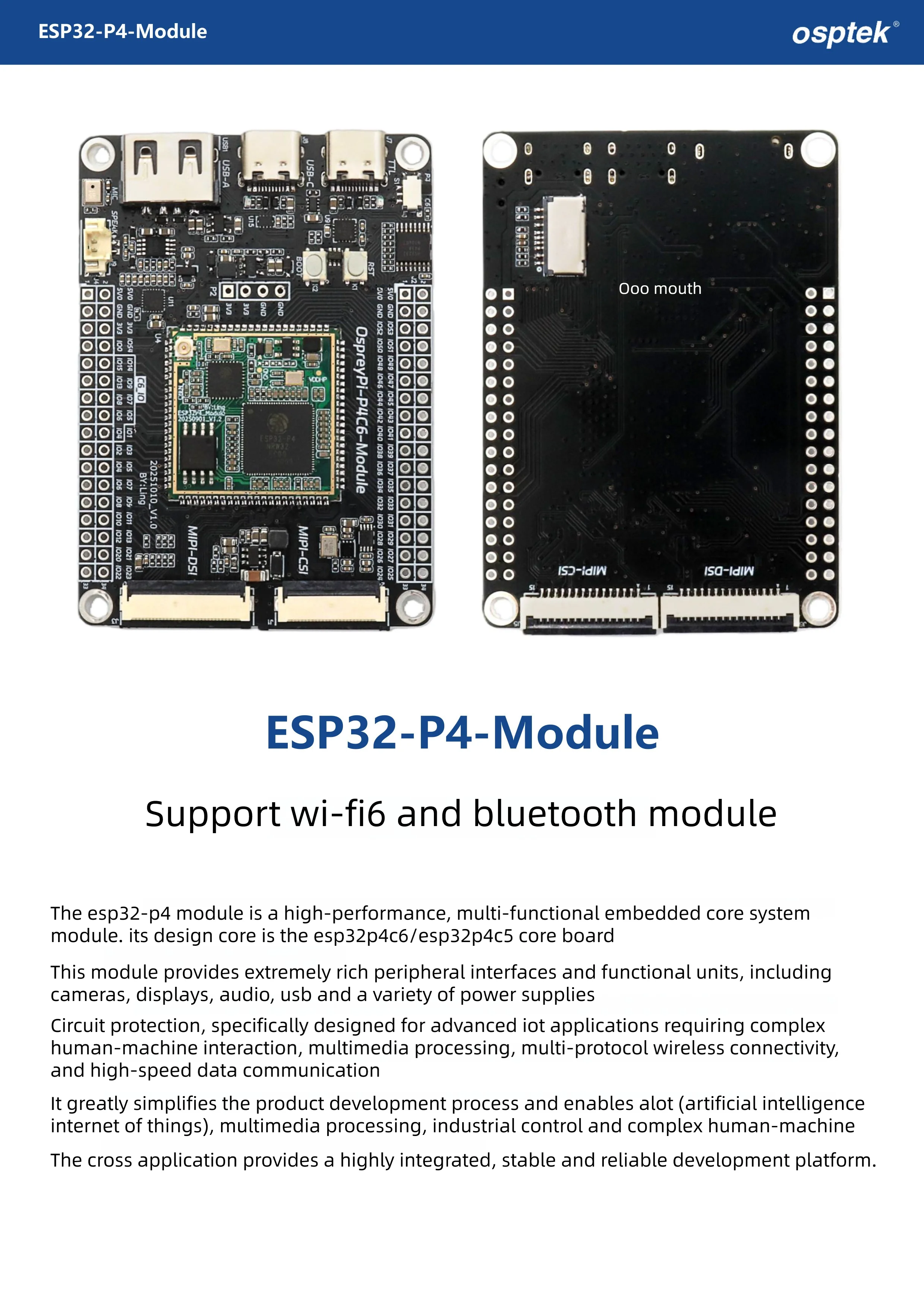 ESP32P4C5 Core Board Entwicklungsboard Kann mit Antenne, Kamera, Lautsprecher Ausgestattet Werden und Unterstützt KI-Sprachinteraktion – Detail 3