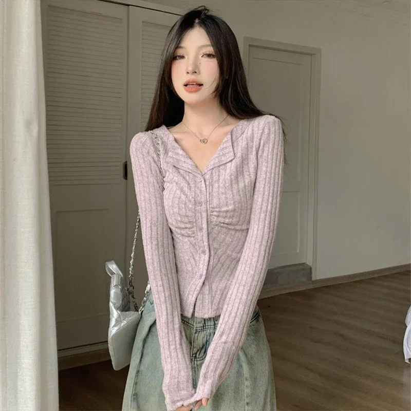 Lapel Long Sleeve Irregular Knitted Shirt for Women\'s Spring Autumn Korean Edition 2024 New Slim Fit Casual Personality Chic Top