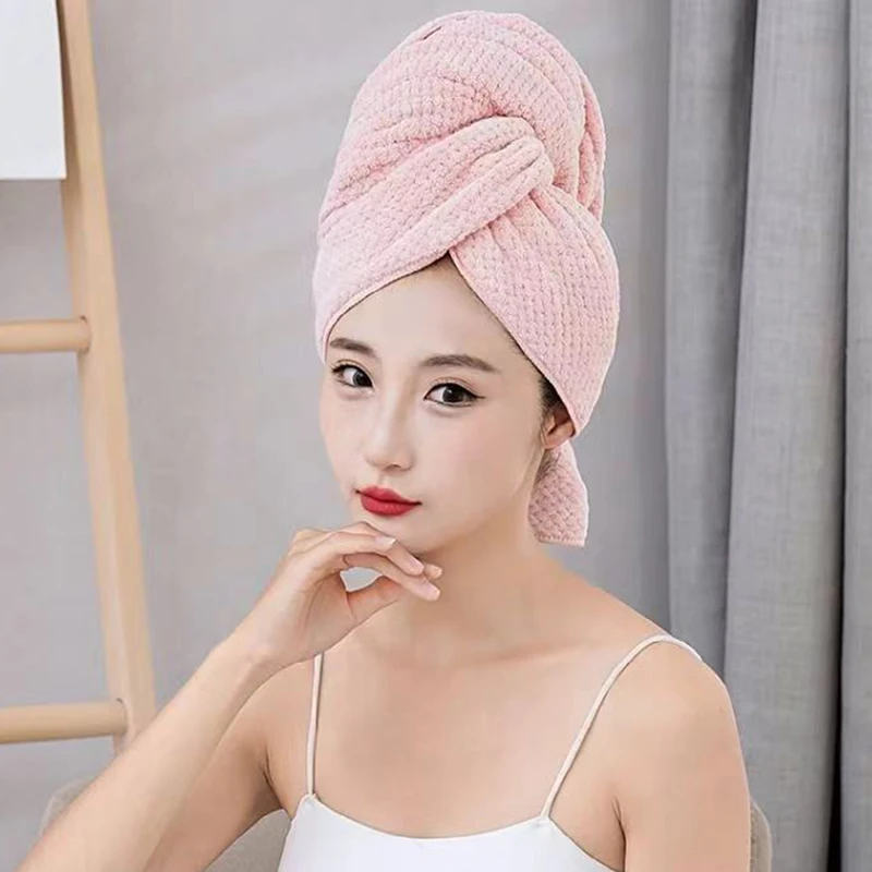 Large Solid Color Water Absorbent Hair Drying Towel Microfiber Hair Towel Wrap With Elastic Strap Soft Quick Drying Towel