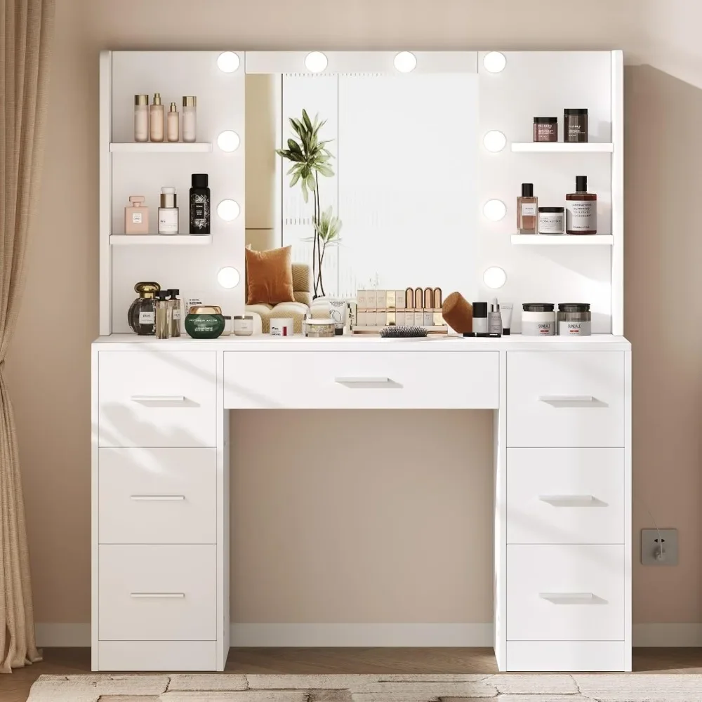 Vanity Desk, Makeup Vanity with 10 LED Lights & 7 Metal Sliding Drawers, Brightness Adjustable, Vanity Table with 6 Open Shelves