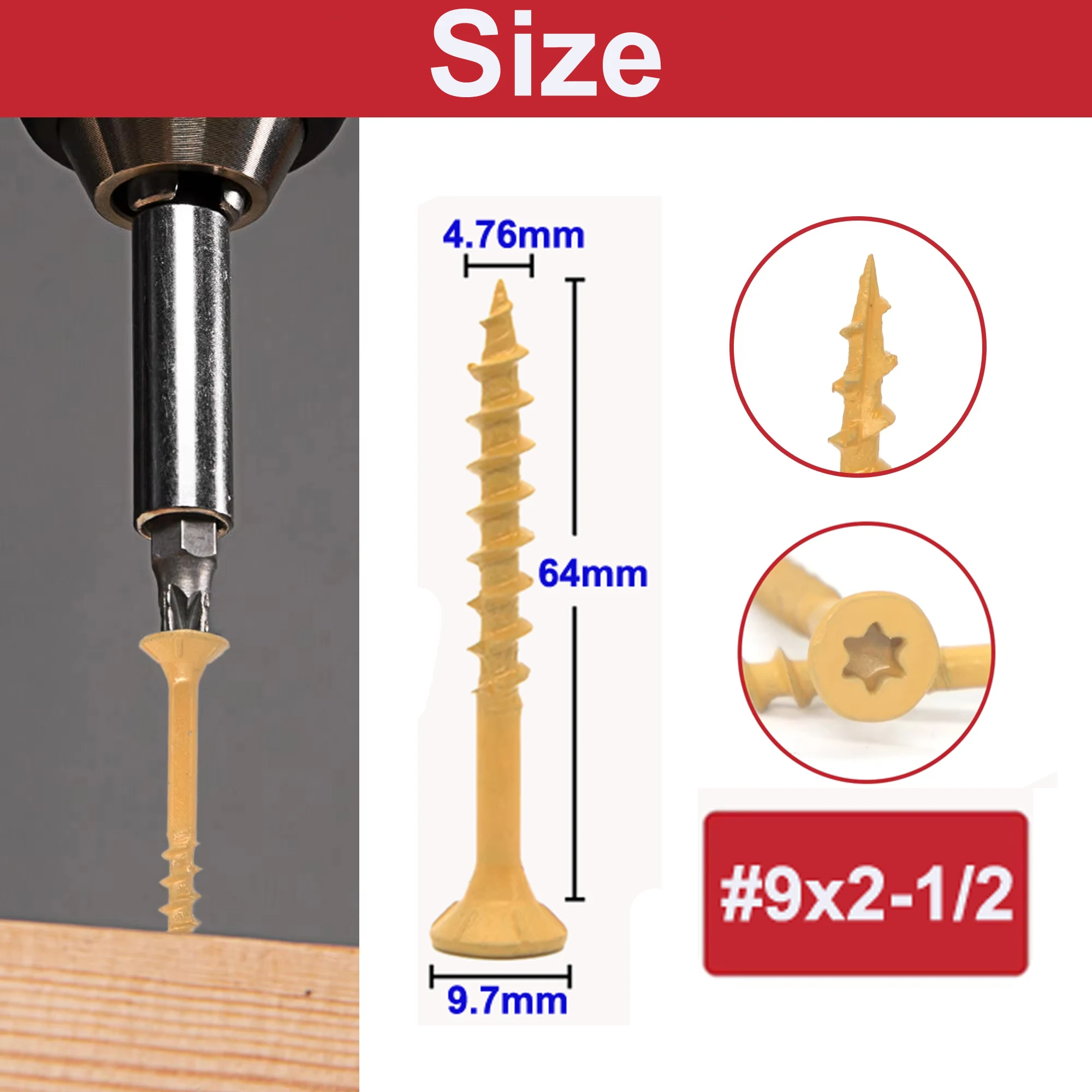 Weiyi 50/100 Stück Sechskant-Torx-Deckschrauben # 8 # 10 flache, rostbeständige, epoxidbeschichtete, selbstschneidende Holzbolzen in Bronze und Schwarz – Detail 8