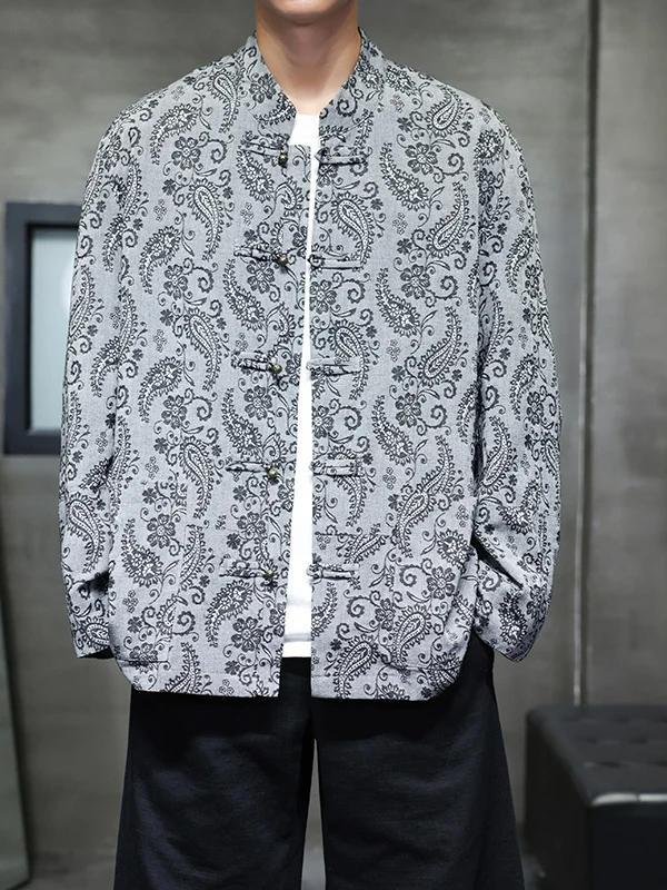 

Loose Fit Printed Stand Collar Men's Jaet Chinese Sle Tea Costume Outerwear Autumn Winter Casual Wear Cotton Lyocell