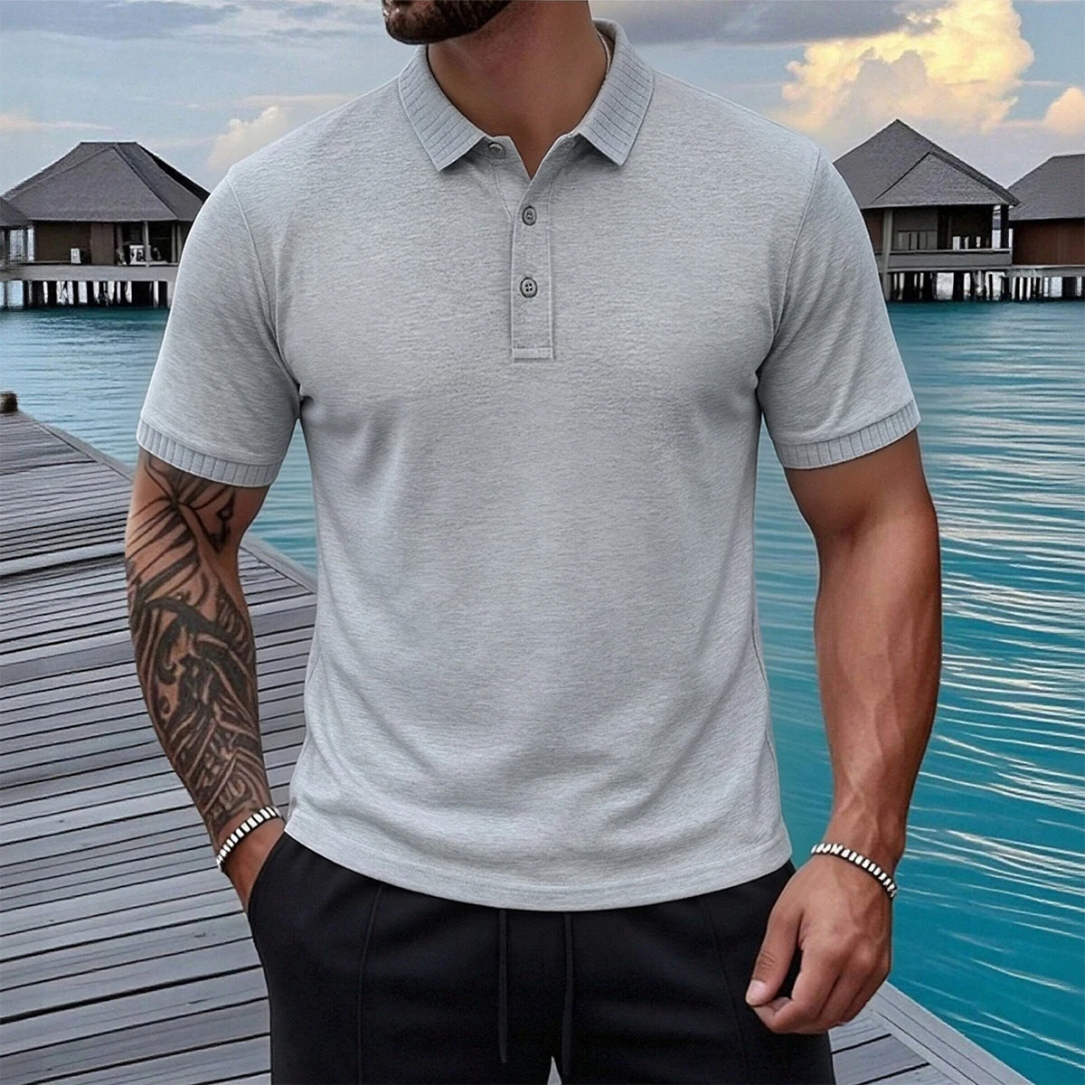 Light Gray Men's Polo Shirt Short Sleeve Soft Knit Fabric Casual Top for Beach Vacation Outdoor Leisure
