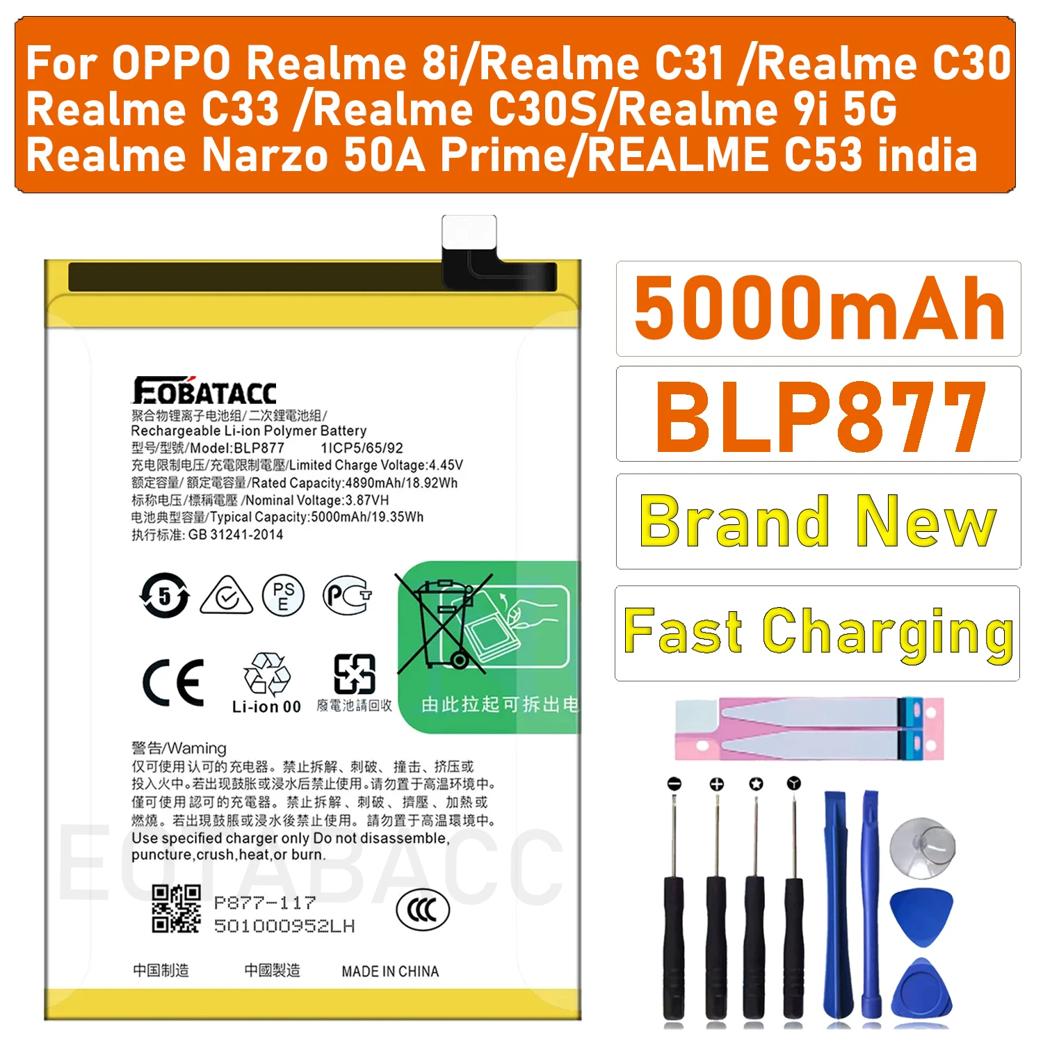 2026 YEARS 5000mAh BLP877 Battery For OPPO Realme 8i RMX3151 C35 RMX3511 C30 C31 C33 V20 V30 Phone Battery Replacement Batteries