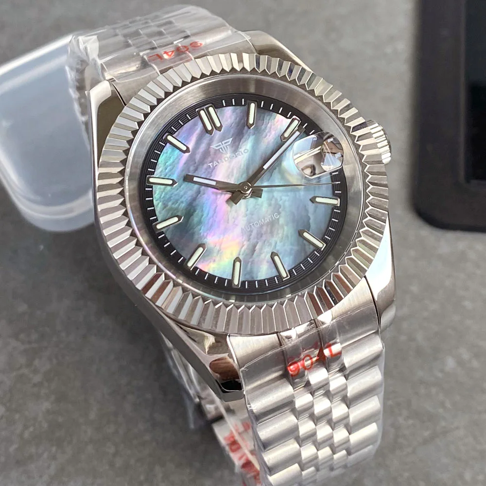 39mm Tandorio Black White Blue MOP Mother of Pearl Shell Dial Luminous 20ATM Diving NH35 Automatic Watch Men Steel Bracelet