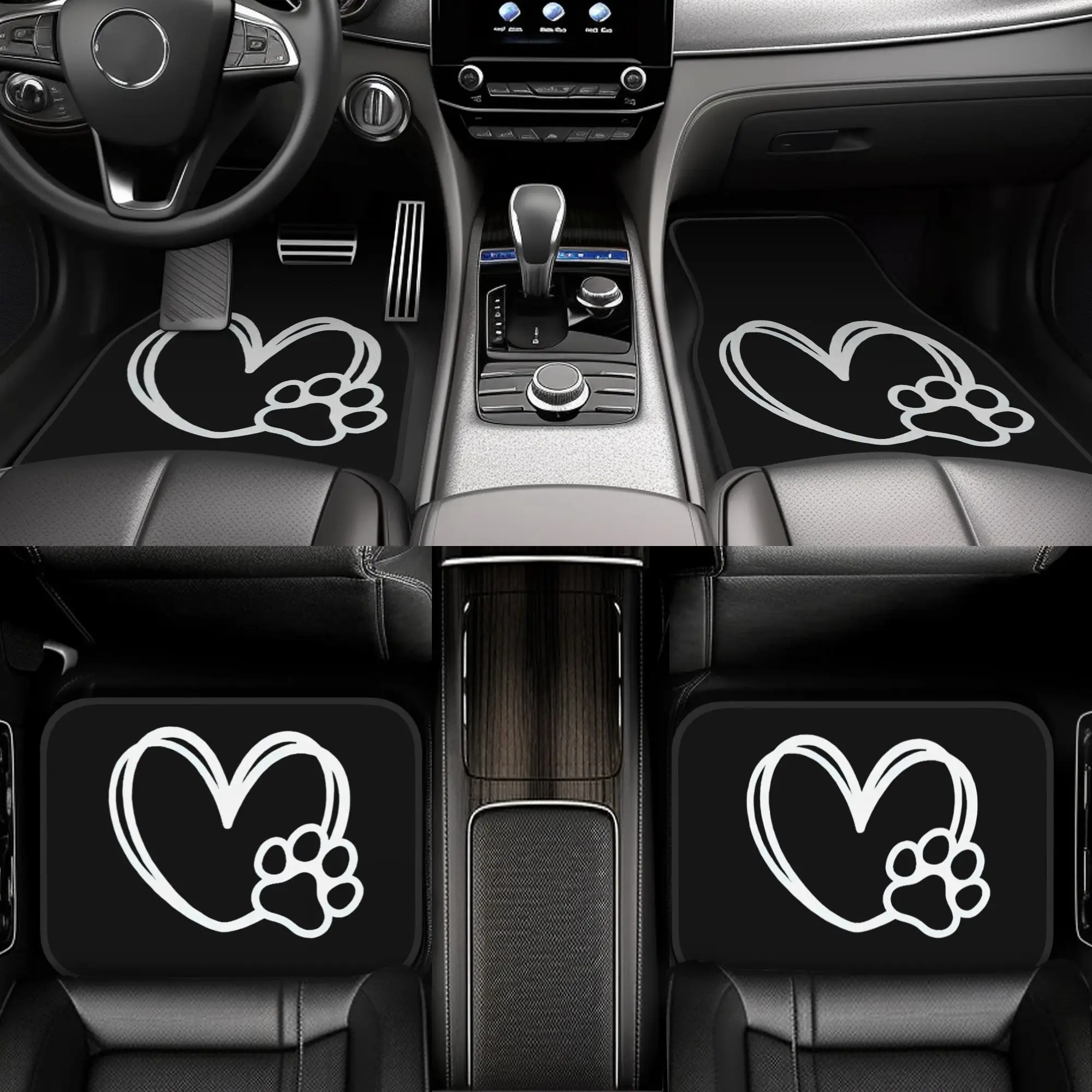 4pcs Cute Pawprint Heart Design Premium Car Floor Mats - Universal Fit, Easy-to-Clean Complete Car Interior Accessories