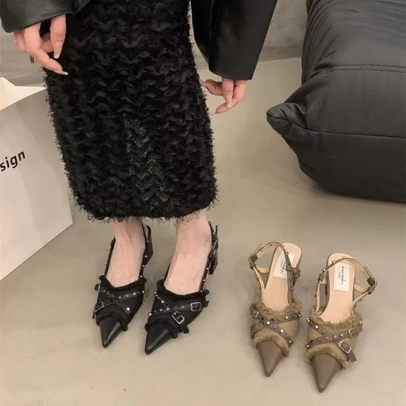 Women High Heel Shoes French Black Temperament Bag Head Sandals Women Elegant Fad Pumps Banquet Party Wedding Shoe Zapatos Mujer