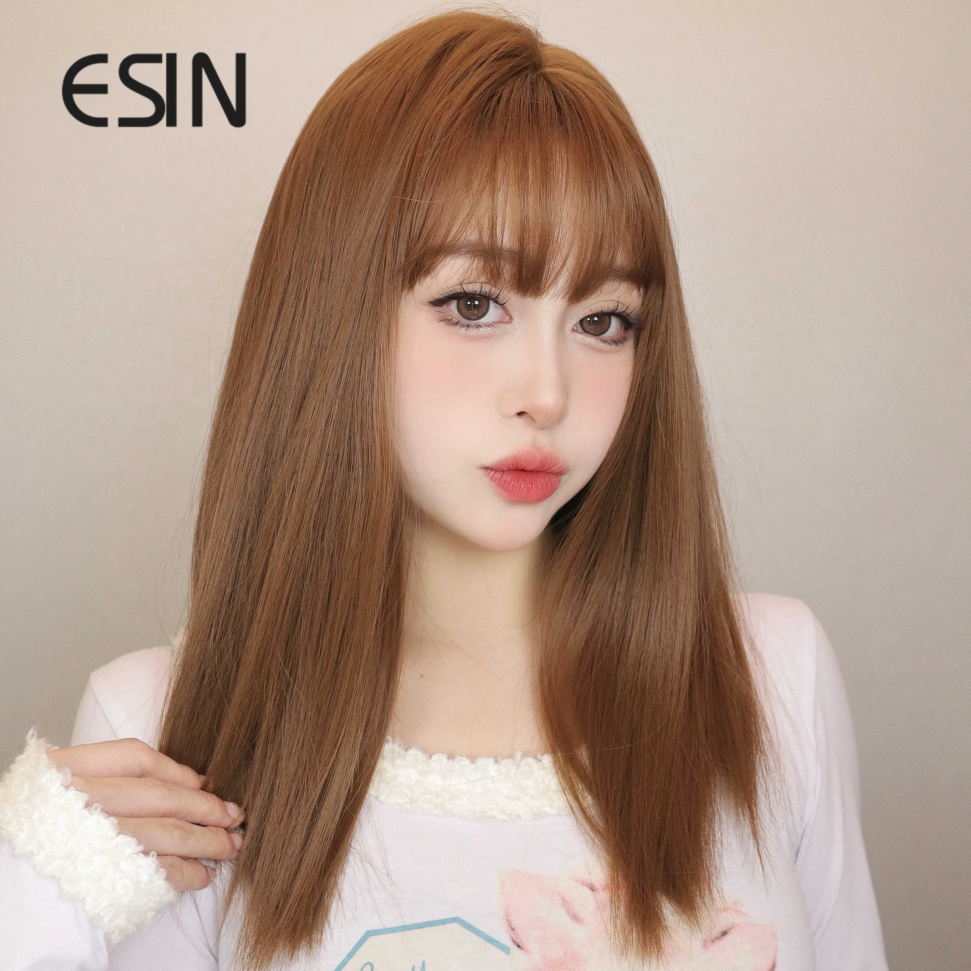 ESIN Short Straight Bob Burgundy Platinum Hair Wigs With Bangs Brown Synthetic Wig Heat Resistant Fiber Fluffy Hair for Women