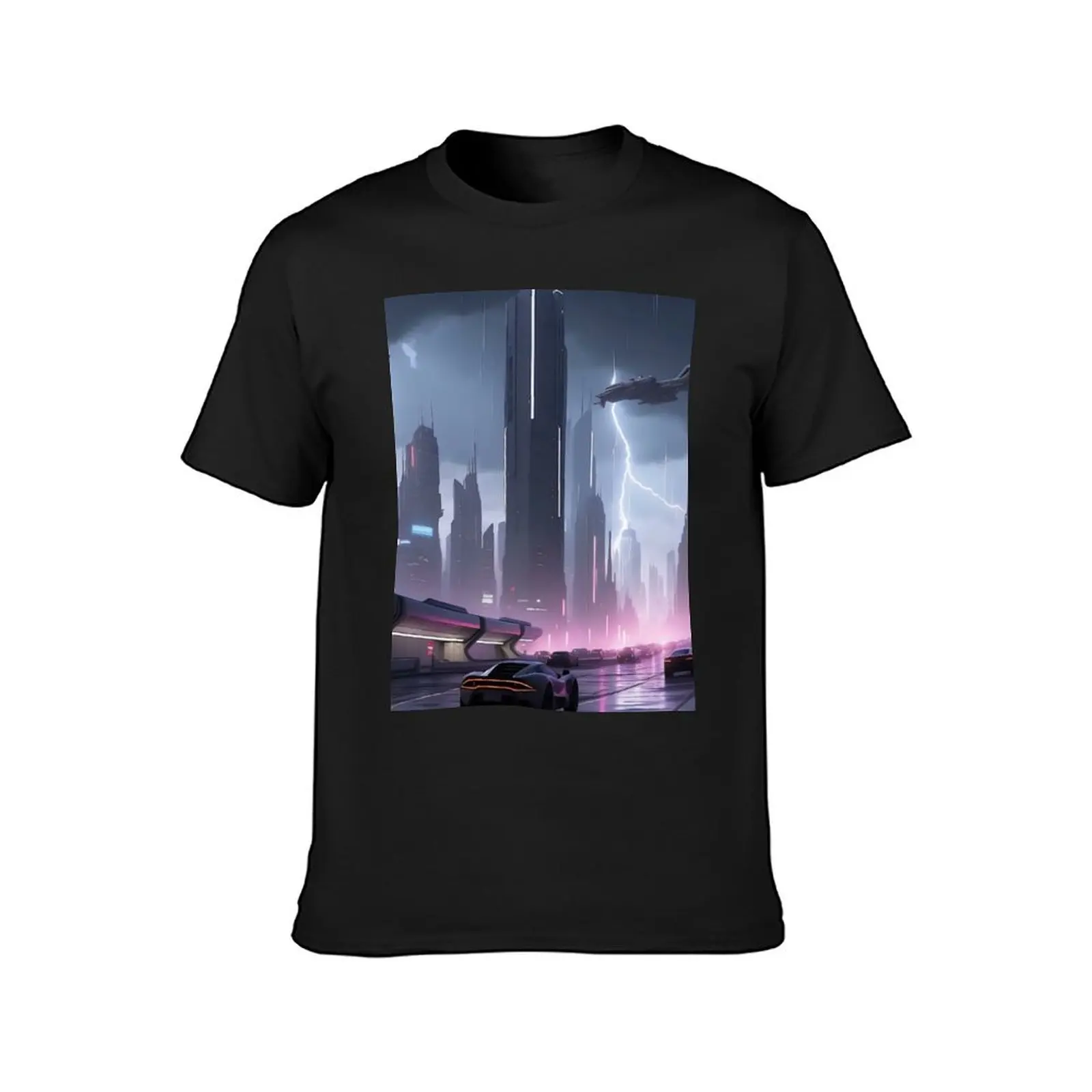 Futuristic cityscape, rain, flying ships, neon lights T-Shirt sublime summer top shirts graphic tees mens cotton t shirts