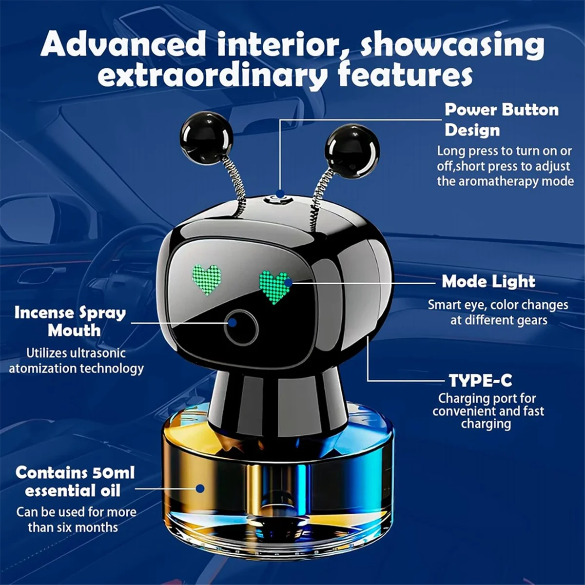 Smart Fashion Cute Robot Car Purificatore d'aria Ornamenti per auto Home Office Macchina per aromaterapia