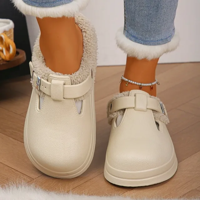 Waterproof Eva Furry Mules Slippers Women 2025 Winter Metal Buckle Warm Plush Slippers Soft Thick Bottom Non Slip Indoor Slides 3