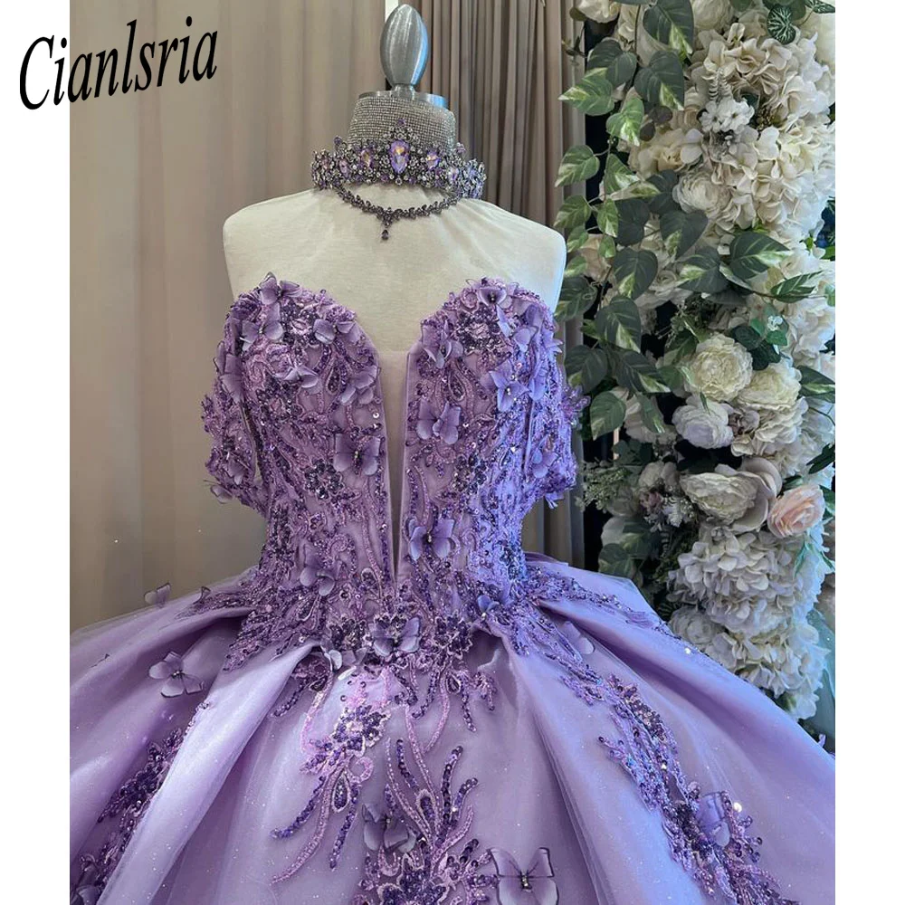 فستان Quinceanera الحلو الأرجواني الفاخر للنساء ، تنورة كروية بزهور ثلاثية الأبعاد ، فستان حفلة موسيقية ، 16 ، 15 فستان ، حفلة مناسبة