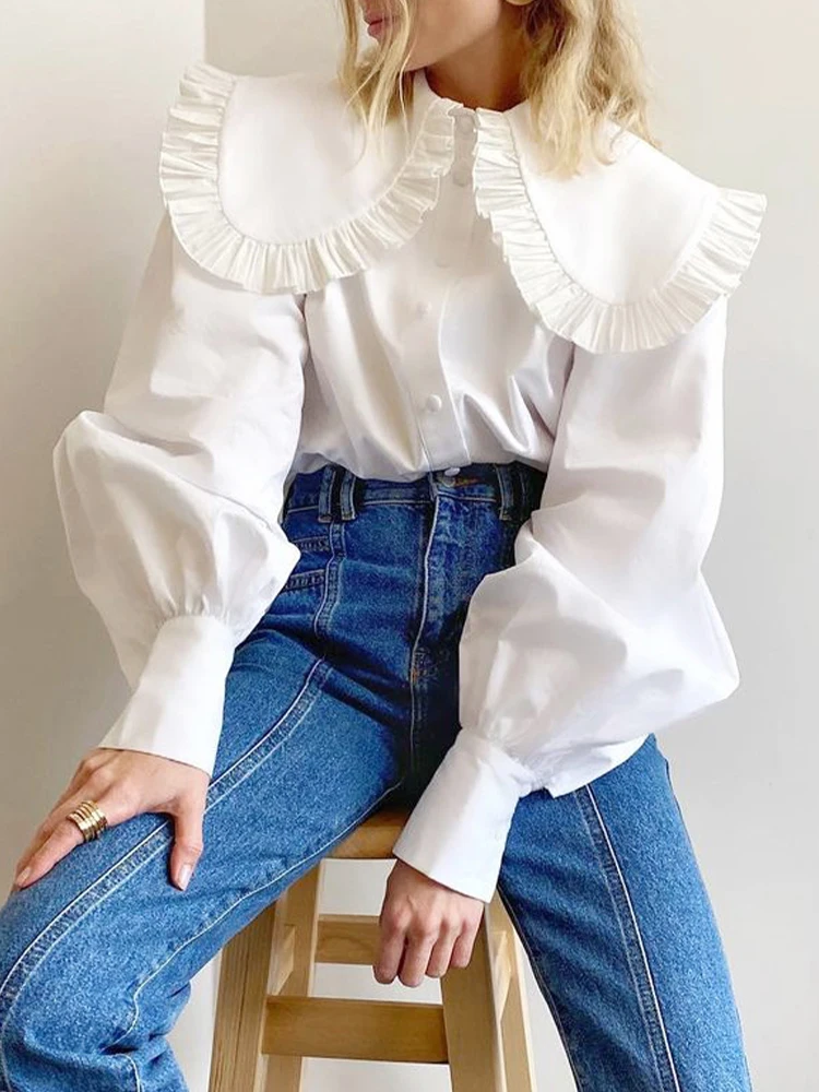 White Shirt Women Vintage Long Sleeve Tops Female Elegant Peter Pan Collar Blouse Ladies Preppy Style Single Breasted Blusas