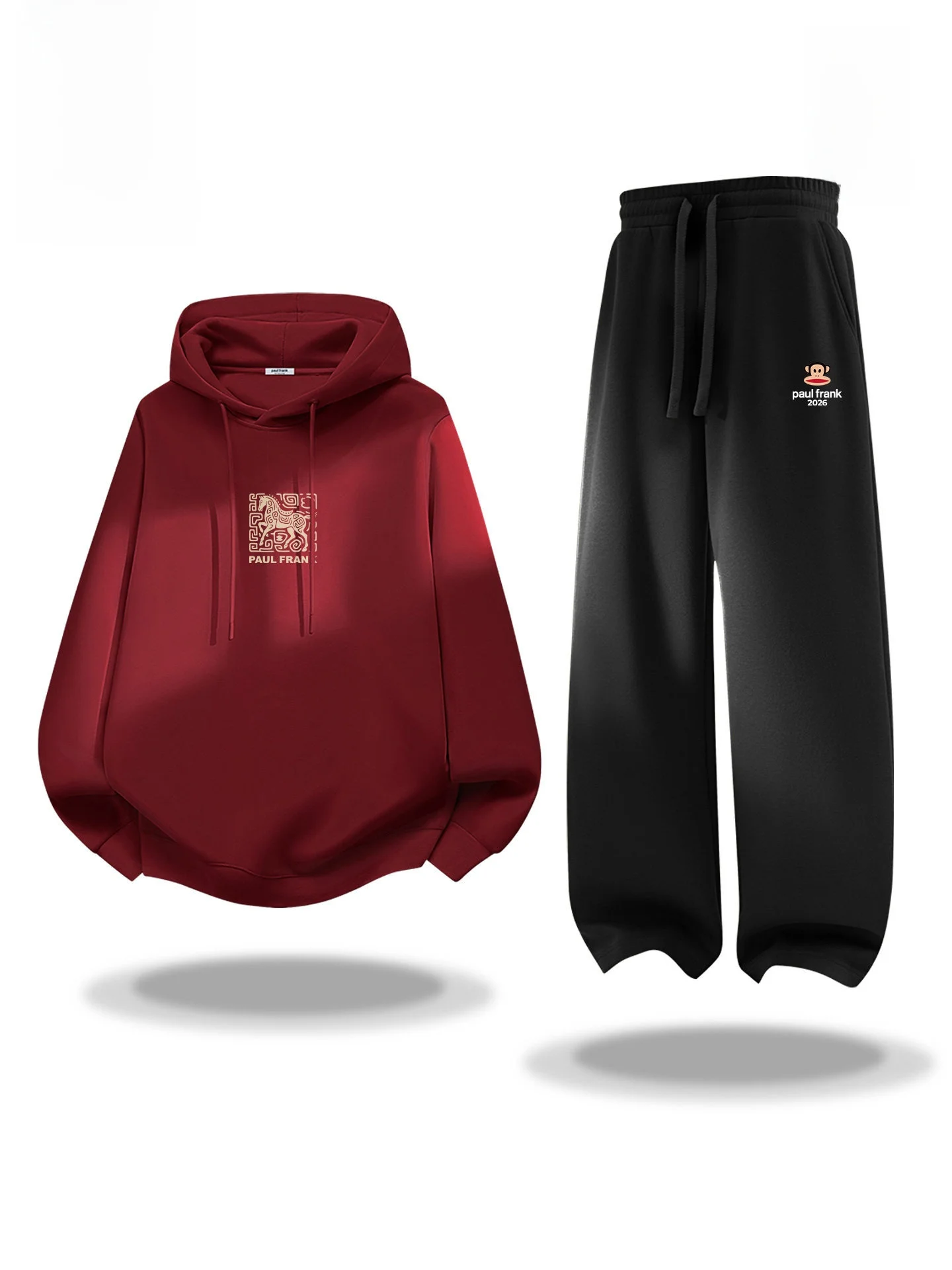 

Men's Spring Autumn Hoodie Sweatpants Set Red Luy Year Monkey Head Design Long Sve Cotton Polyester Blend