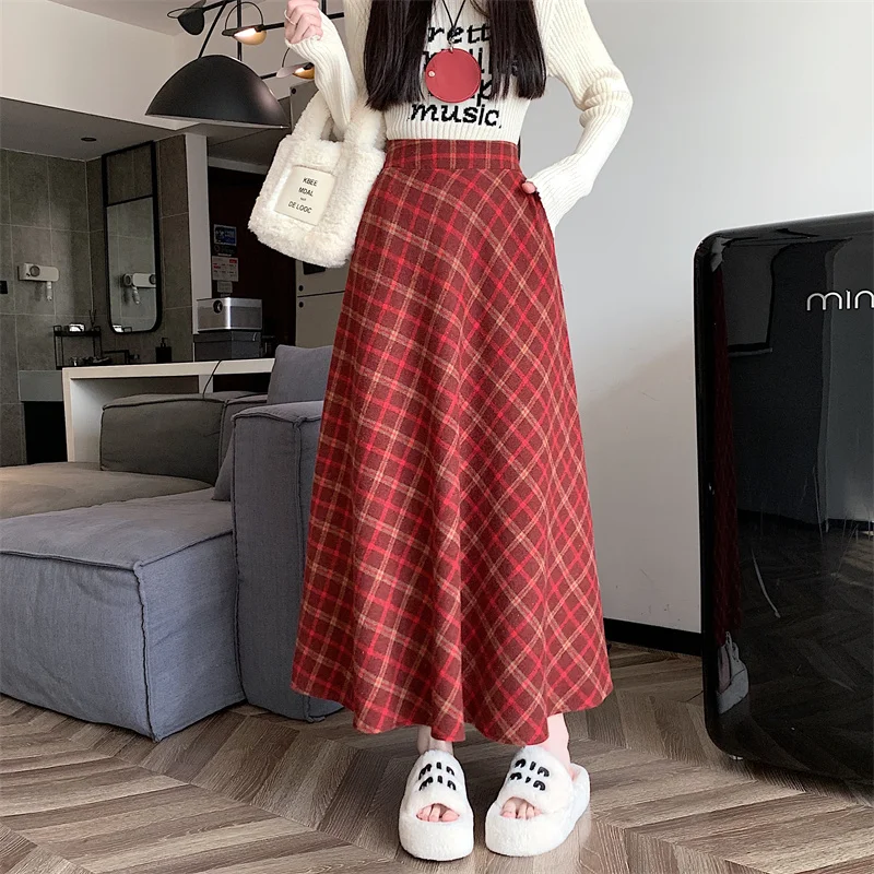 Retro British-style Red Plaid Wool Blend A-line Skirt High-waist Elastic Flared Skirt Women's Winter Niche Y2K Harajuku Outfit