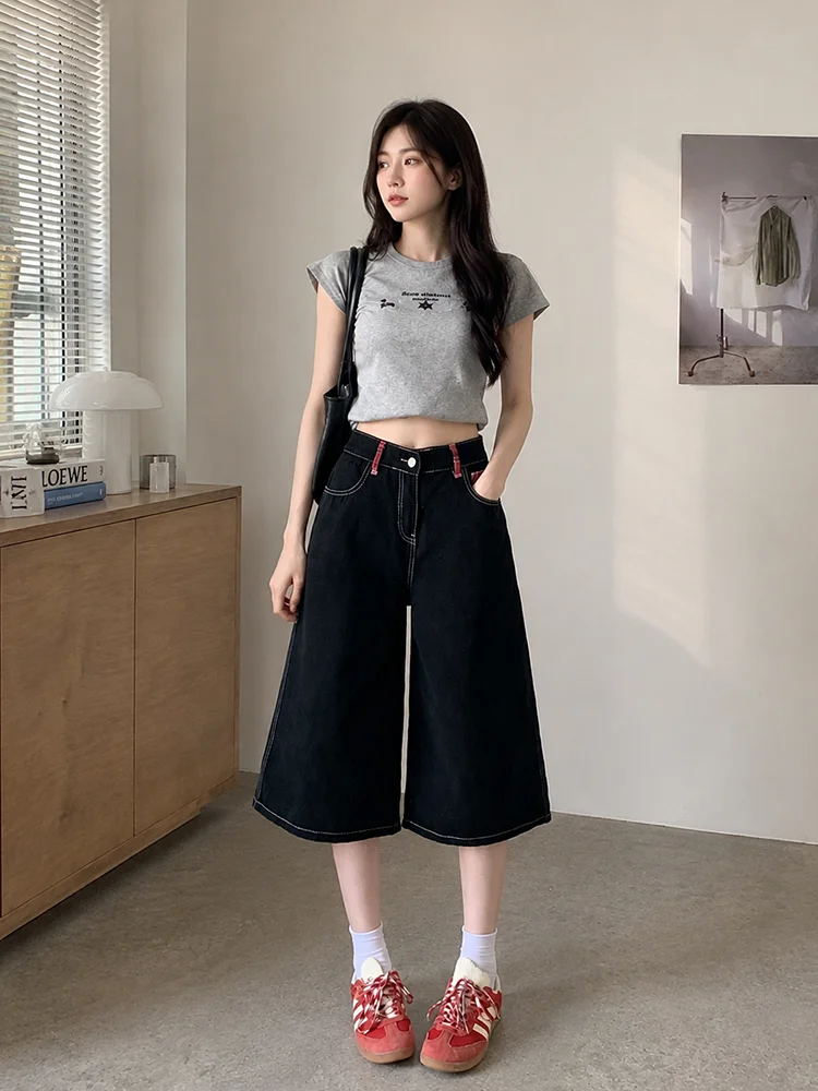 ReddaChic Low Rise Baggy Women's Jean Shorts Emo Summer Black Plain Stitch Straight Denim Bermuda Shorts Punk Vintage Streetwear view 4