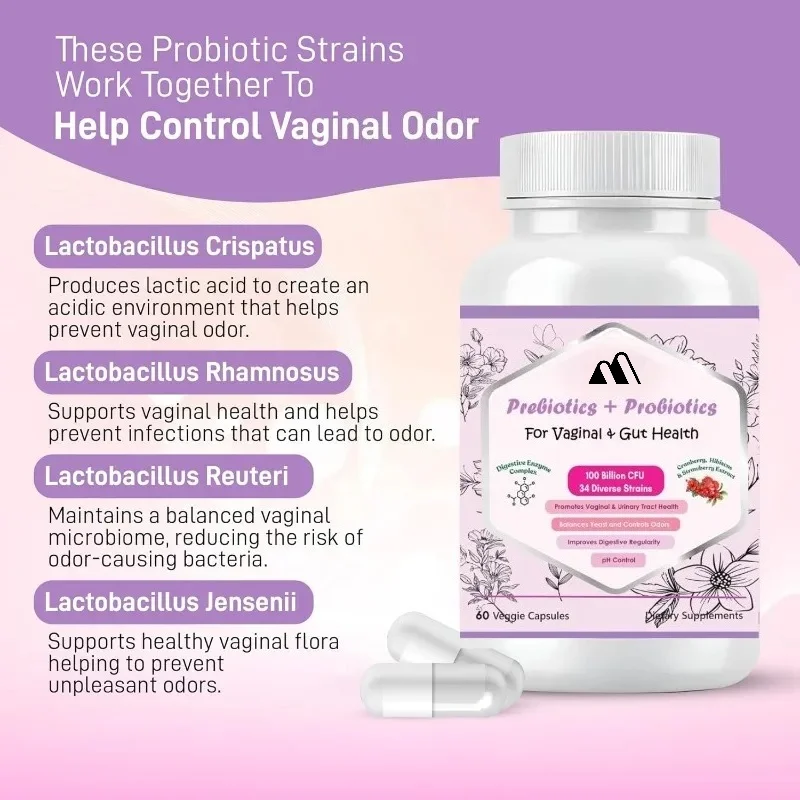 100 Billion CFU Probiotics Cranberry, D-mannose, Prebiotics, Digestive Enzyme PH Balance, Vaginal Health Support in 60 Capsules