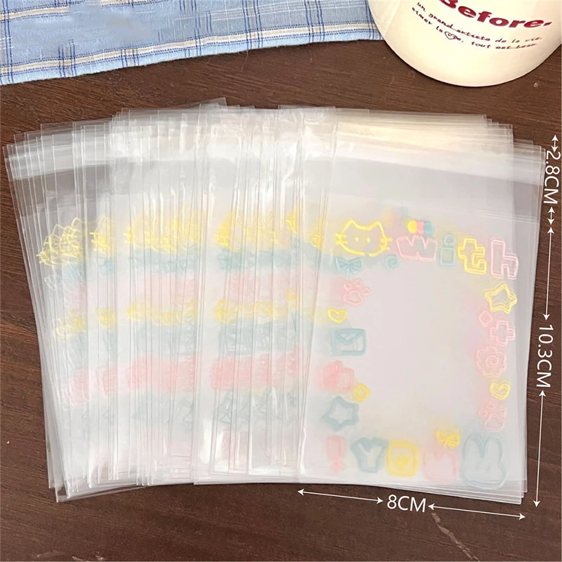 100Pcs Cartoon Graffiti Kitten Self-Adhesive Bags Candy Food Packaging Card Gift Bag Small Self Sealing Bag Transparent Opp Bag