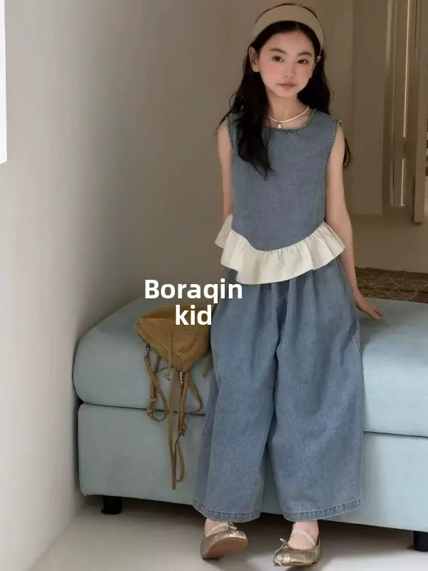 boraqin-completo-per-bambini-stile-coreano-gilet-in-denim-con-bordo-in-pizzo-floreale-e-pantaloni-a-gamba-larga-set-estivo-per-bambini