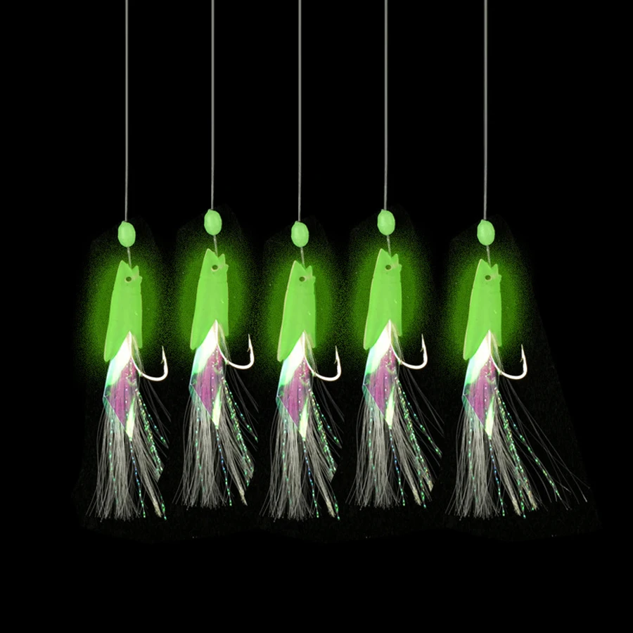 5/25pcs Saltwater Sabiki Rigs Fishing String Hooks with Soft Shrimp Bait Glow Bead Line for Night Fishing Surf Rock Saltwater