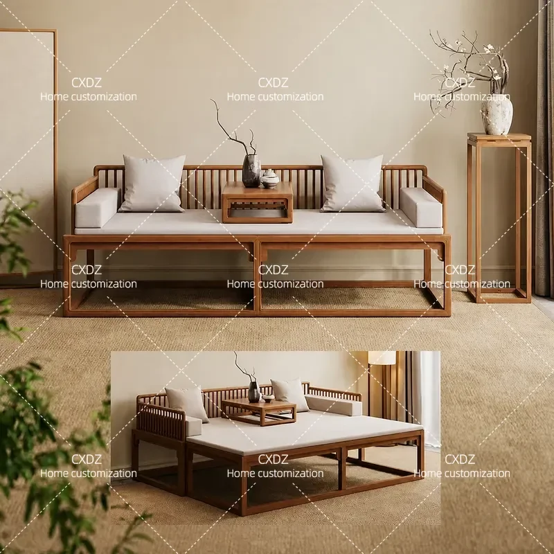 New Chinese Style Solid Wood Arhat Bed Soft Upholstered Sofa Bed Dual Purpose Zen Modern Simple High End Home Living Room Tea