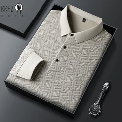 New Men's Business Casual Long Sleeved Shirt with Badge Solid Color Polo Shirt Fashionable Breathable Comfortable Versatile Top