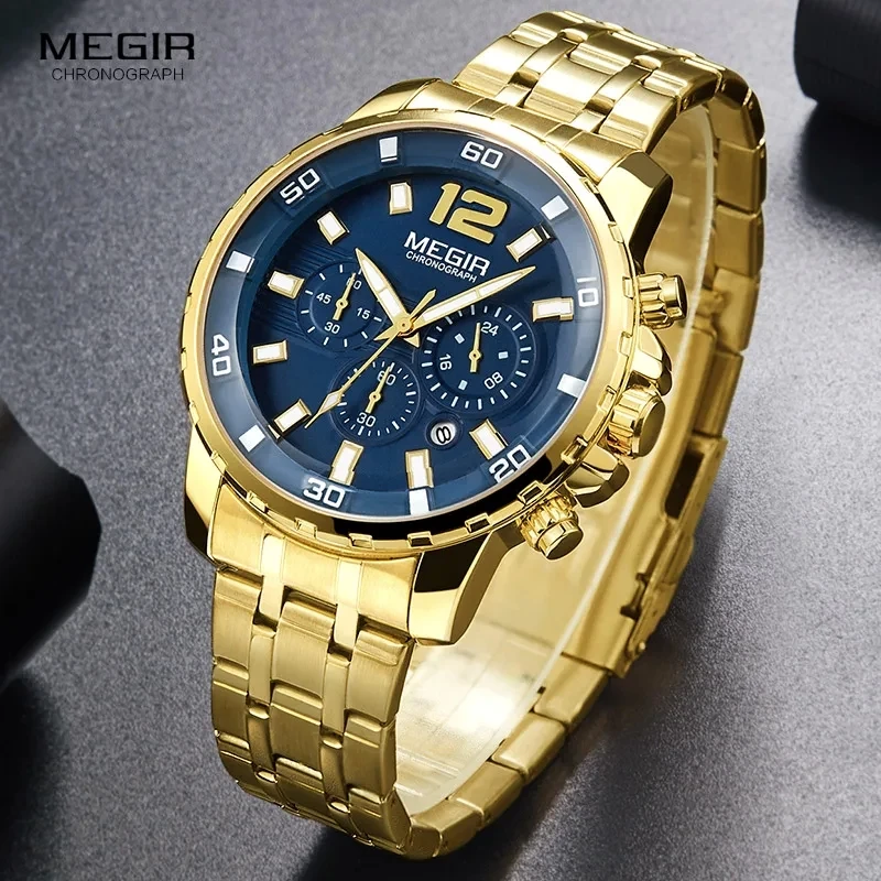 MEGIR 2068 Men\'s Business Sports Multifunctional Watch Casual Luxury Waterproof Stainless Steel Timing Quartz Watches for Men