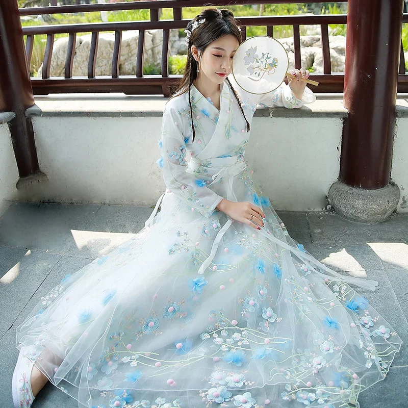 

WATER Women's Hanfu Ancient Chinese Dresses Cosplay Elegant Fairy Chinese Style Suit Ancient Waist Cross Collar Spring