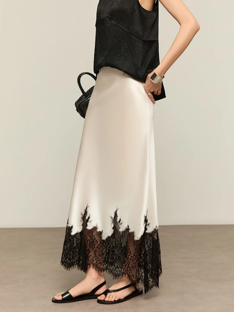 Elegant Lace Splice Long Half Skirt Women's Wrap around High Waist Acetate Satin Commute Style City Scenic Splice Design