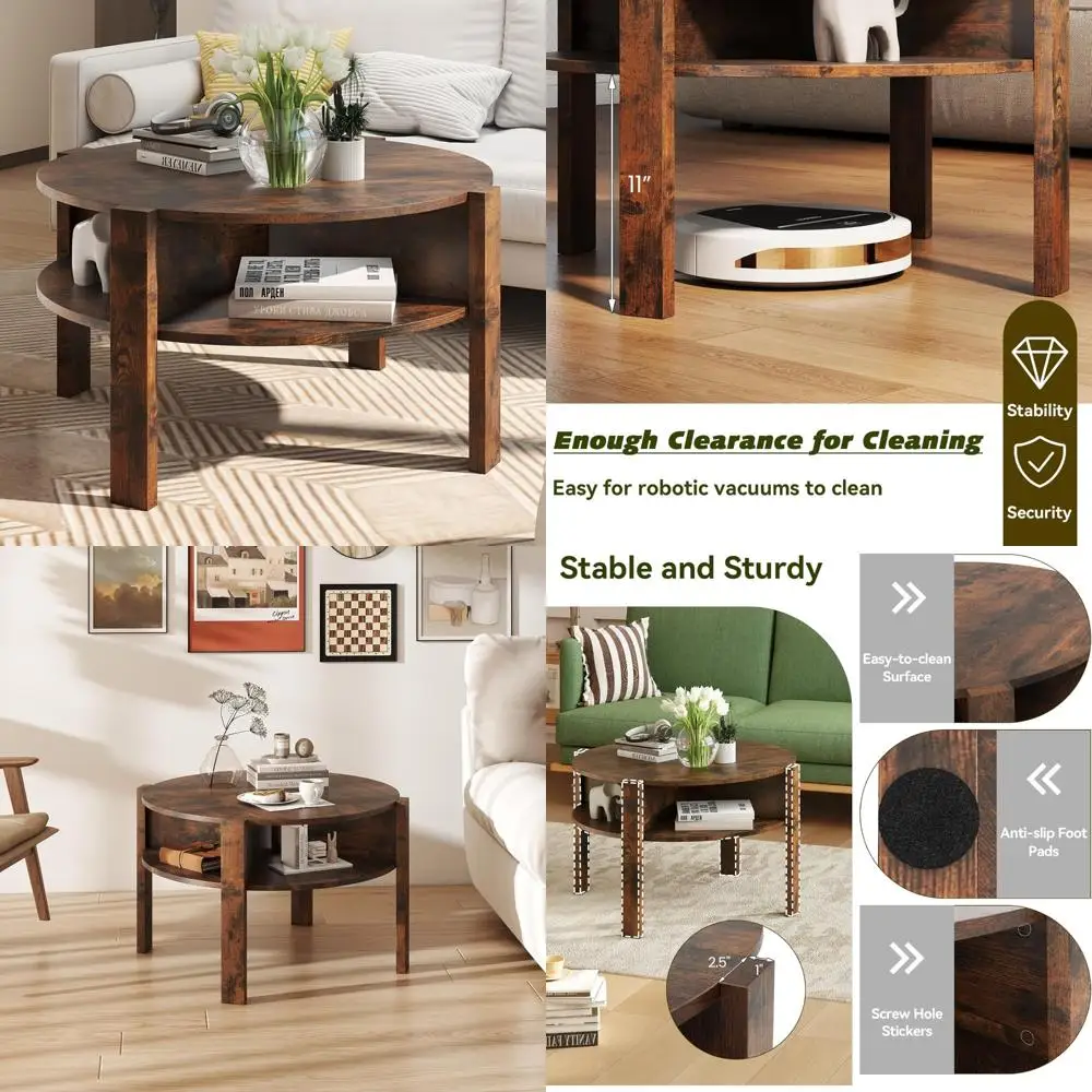 

Round 2-Tier Mid Century Modern Coffee Table with Storage Shelves and Side Compartments, Wood Center