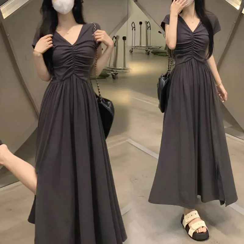 

Elegant V-Neck Stylish Shirring Midi Dress Summer Slim Short Sleeve Female Clothing A-Line Waist Basic Solid Color Split Dresses