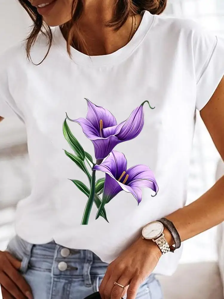 

Trend Lovely Flower Cute Clothes Casual Top Clothing For Women O-neck T Fashion Graphic Tee Female Short Sleeve Print T-shirts