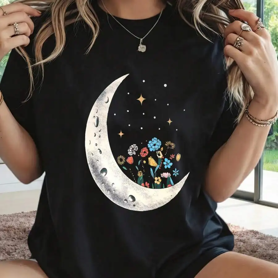 T Shirt Women Moon Planet Print Fashion Tee Shirts Casual Round Neck Short Sleeve Streetwear Female T-Shirt Vintage Tops