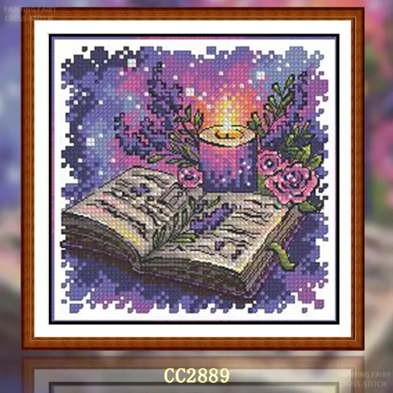 [CC2889- Lavender and Books]Stamped Cross Stitch Kit for Adults and Kids, Easy Pre-Printed Canvas with Cotton Threads and Needle