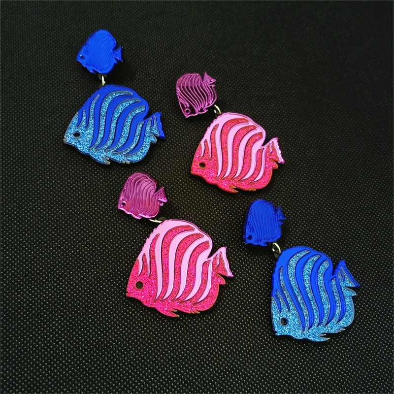 KUGUYS-pendientes de espejo de verano con peces tropicales a rayas para mujer, joyería acrílica con purpurina azul, Rosa caliente, accesorios de moda