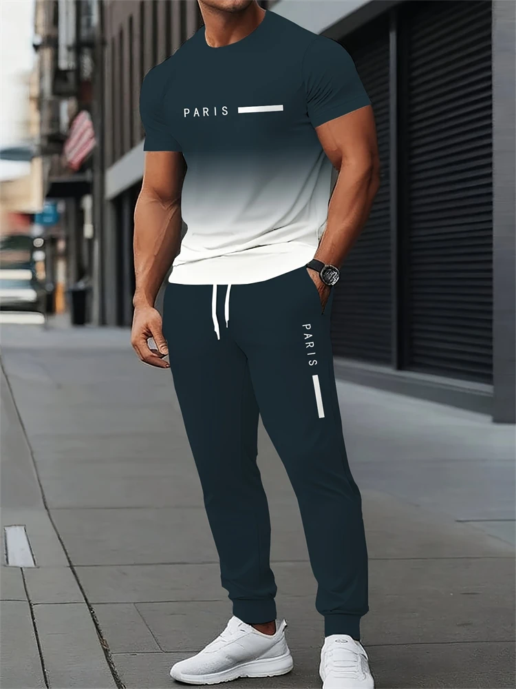 

2025 New Minimalist Letter Print Men's T-Shirt Set Spring/Fall Crew Neck T-Shirt With Drawstring Pants Stylish Streetwear Set