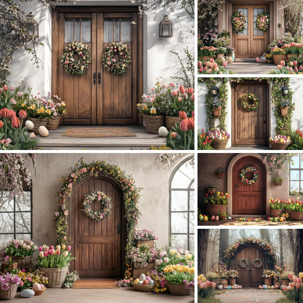 

Spring Easter Backdrops Photography Rabbit Colorful Eggs Flower Wooden Wall Grass Baby Shower Photo Background Studio Booth Prop