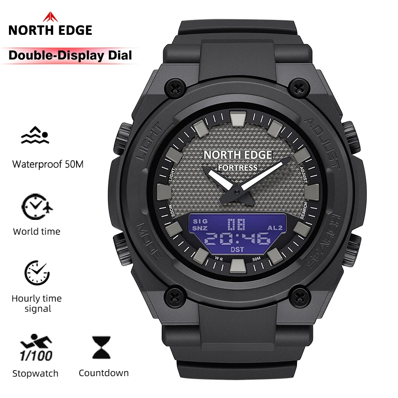 NORTH EDGE FORTRESS Men's Military Digital Watch Outdoor Fun Sports Waterproof 50m Watches World Time Countdown LED Wristwatches