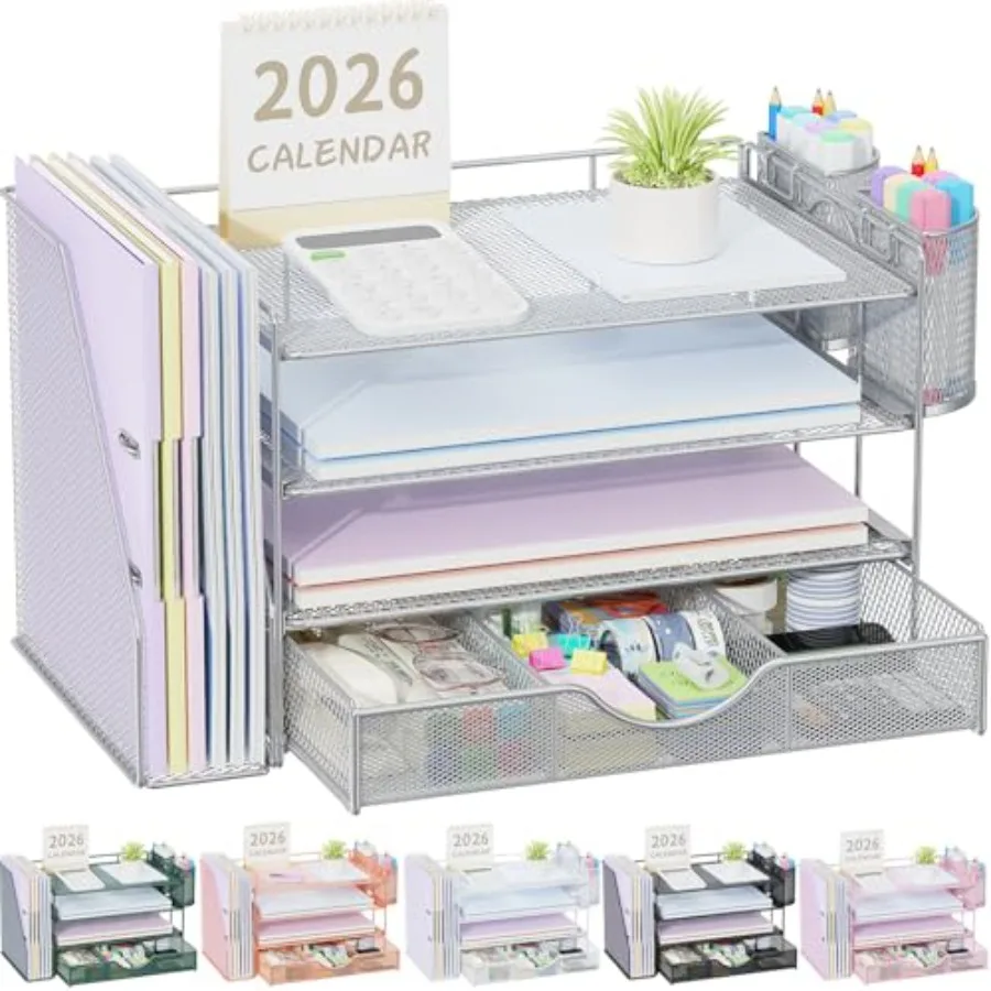 

Desk Organizers and Accessories with File Holder 4-Tier Desk Accessories and Workspace Organizers with Drawer and 2 Pen Holder