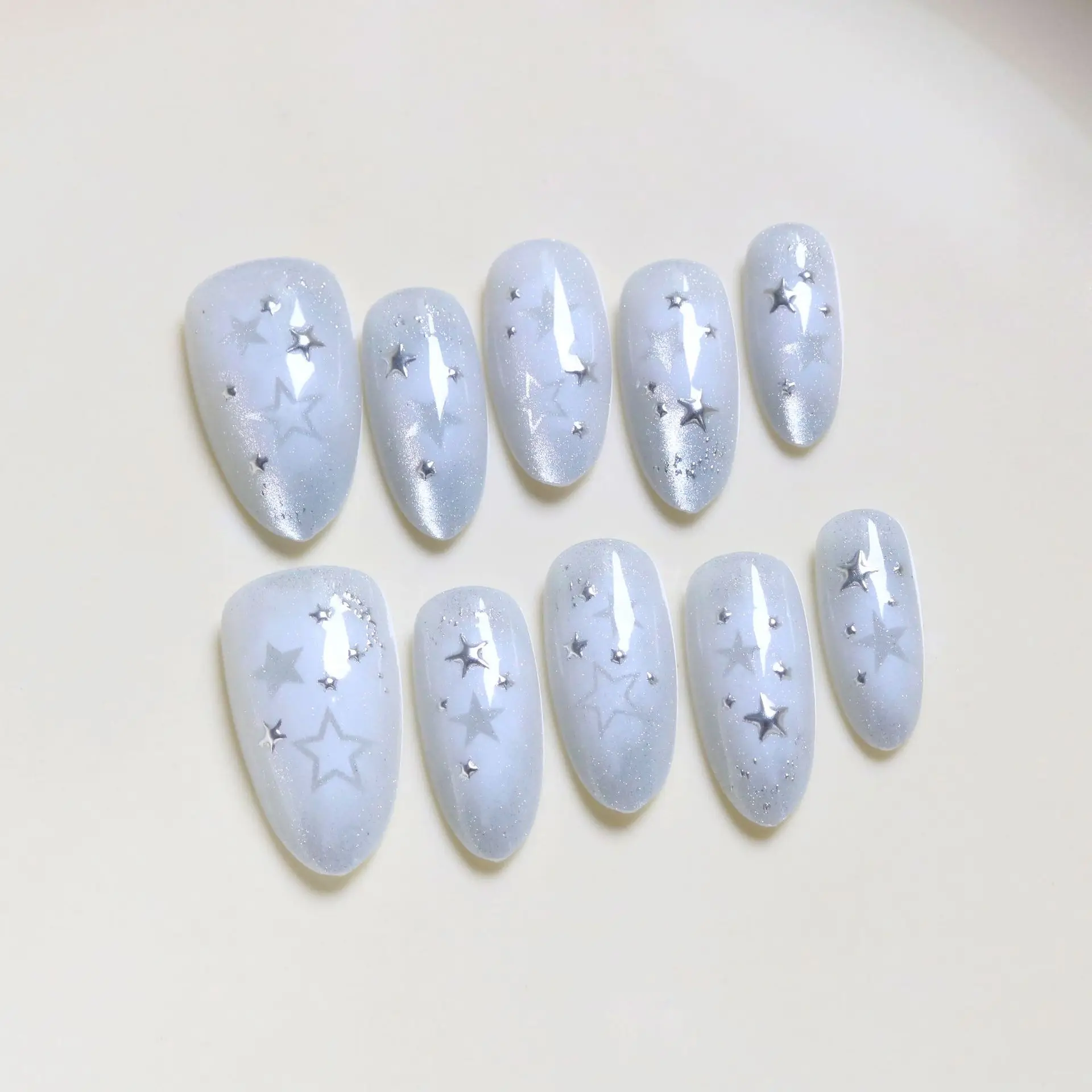 10pcs French White Press On Nails Almond Shape Andmade Fake Nails Sparkly Silver Star Nail Art Reusable Adhesive False Nails