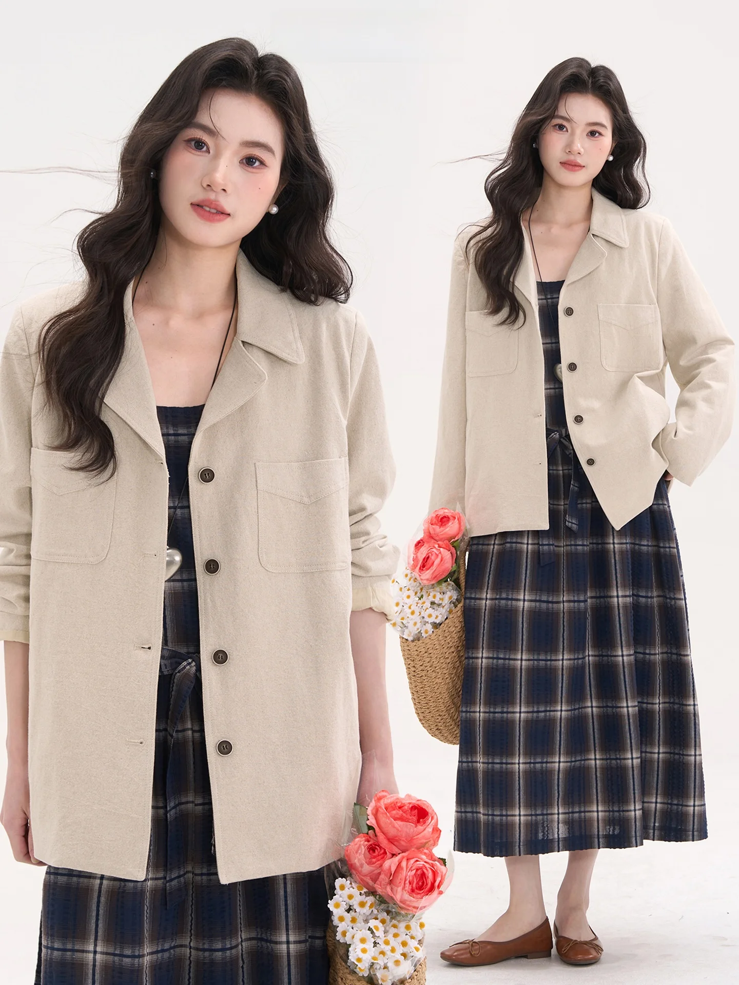 Chaqueta de Traje de Lino y Algodón Artístico Retro Heme para Mujer, Top Casual para el Trabajo, Diseño Floral de Campo y Ventana para Primavera