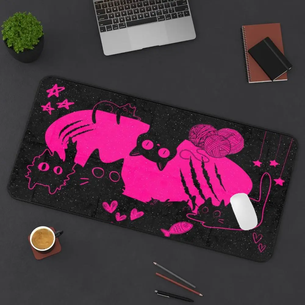 Large Gaming Mouse Pad Hot Pink Black Cat Y2K Style Non-Slip Rubber Base Keyboard Mat for PC Gamer Extended Office Desk Decor
