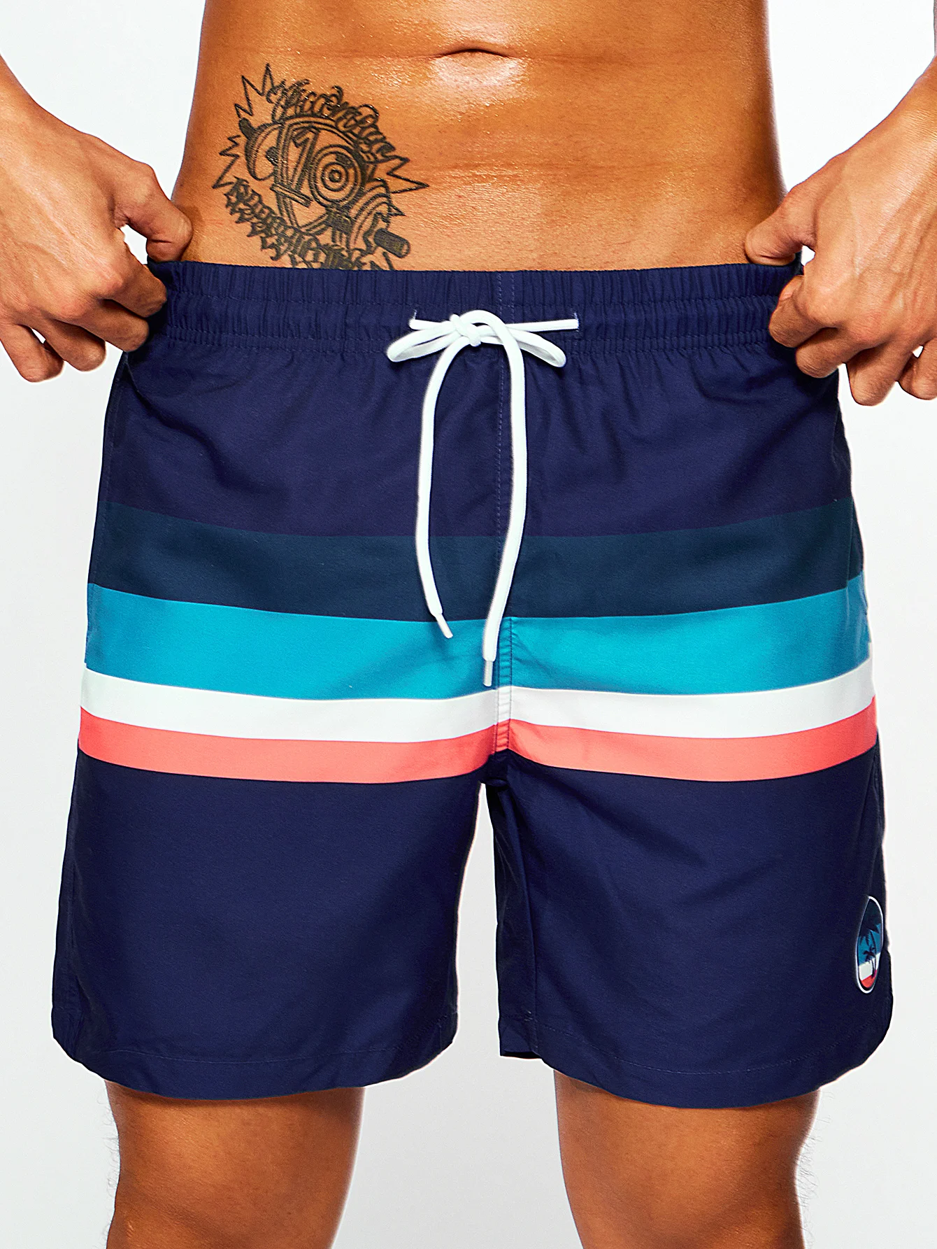 Men's Navy Bottom Stripe Insert Print Beach Pants