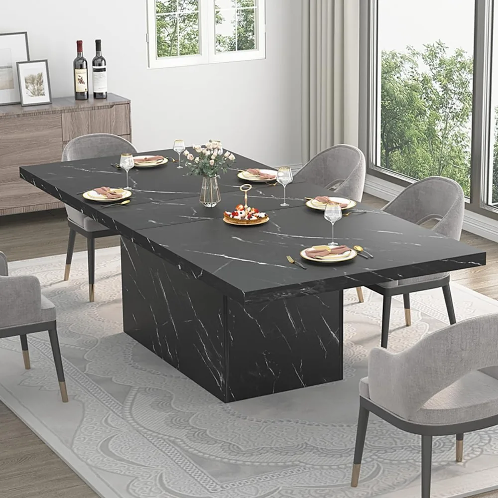 71” Black Dining Table for 6-8, Rectangle Modern Faux Marble Dinner Table, Large Dining Room Table for Kitchen Living Room, Ind