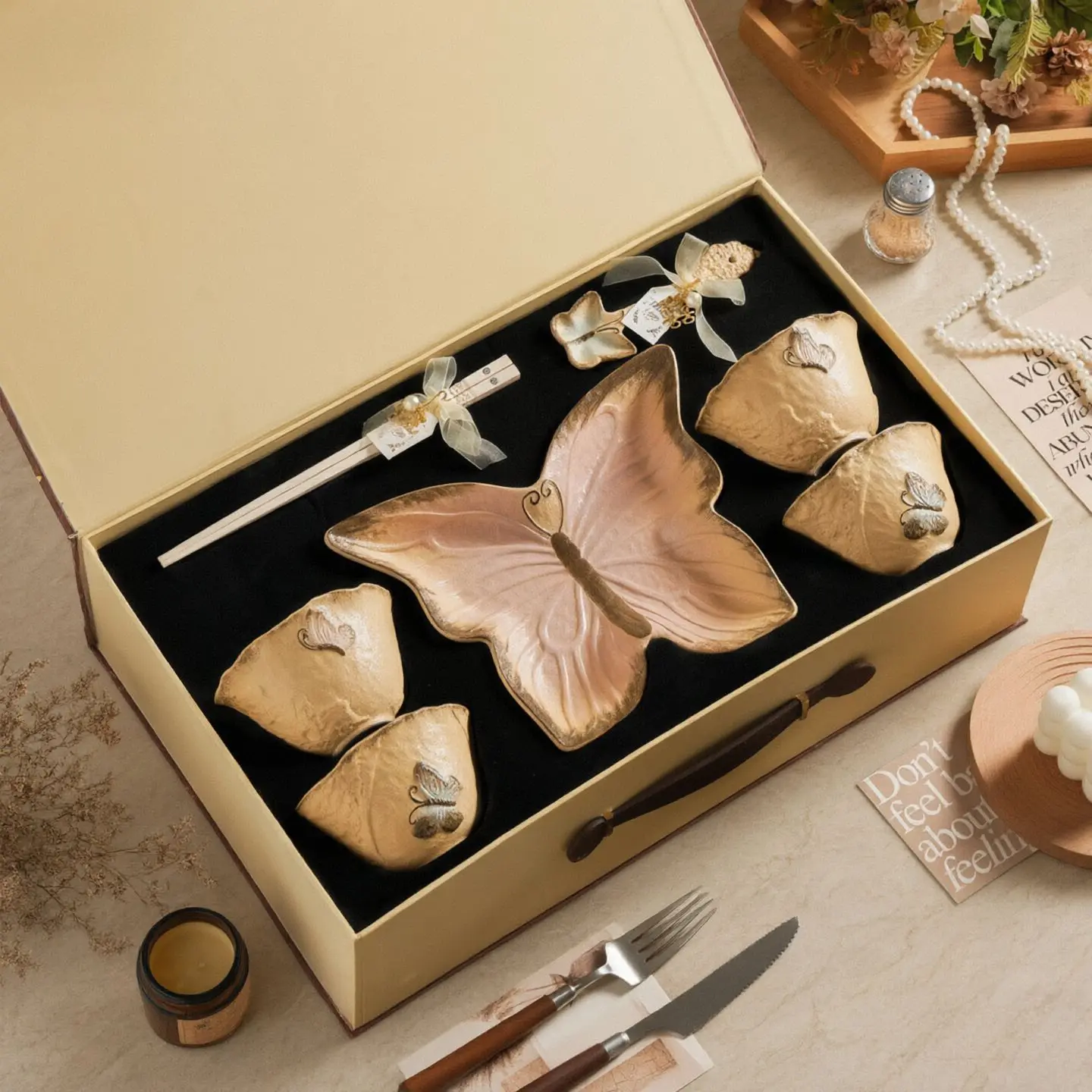 HYS Vintage Butterfly Tableware Set Home Ceramic Bowls, Plates, Saucers, and Cup Combo Rice Bowl, Noodle Bowl