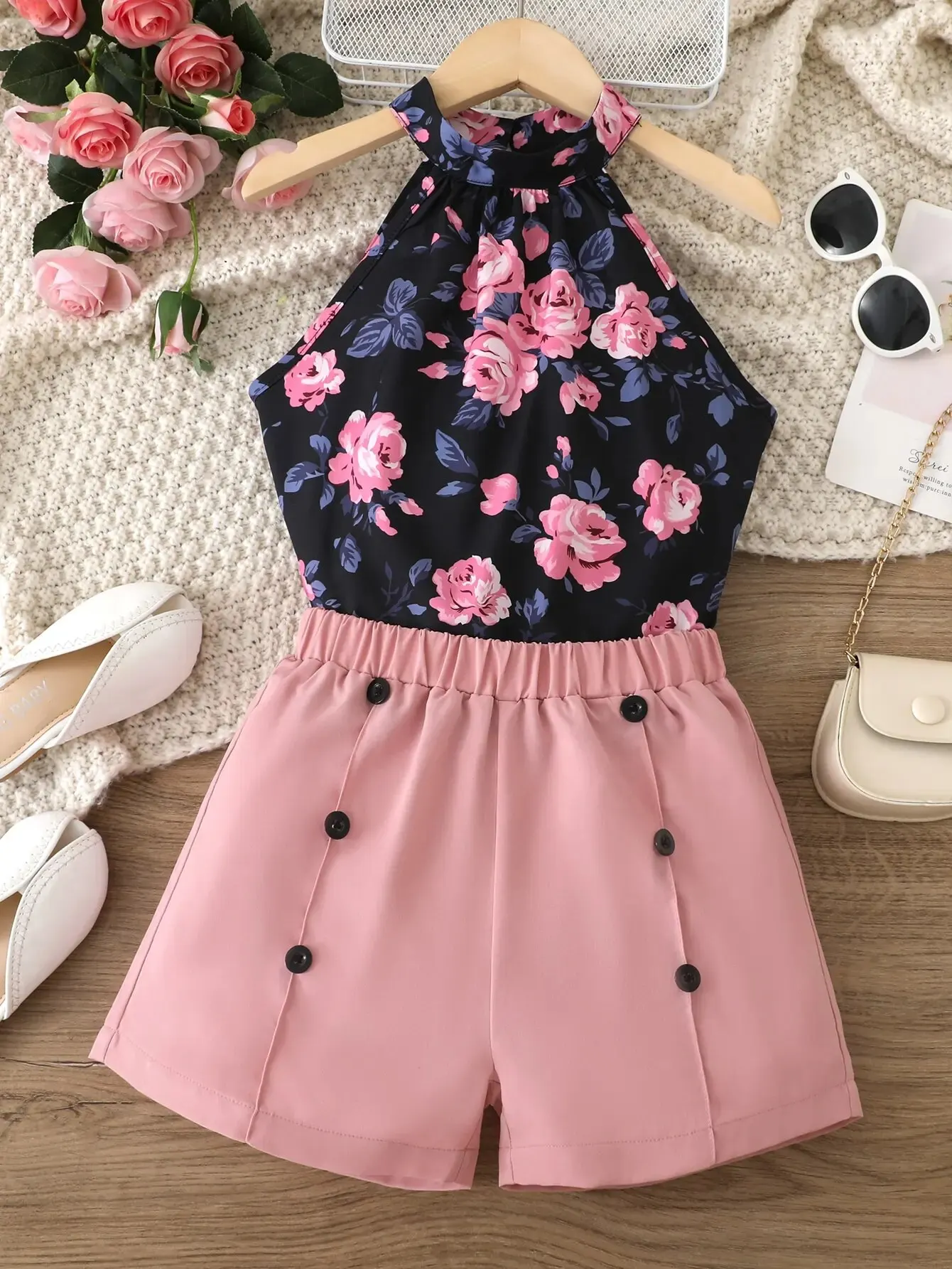 2pcs Toddler Girls Floral Halter Top & Button Detail Shorts Set Kids Summer Clothes